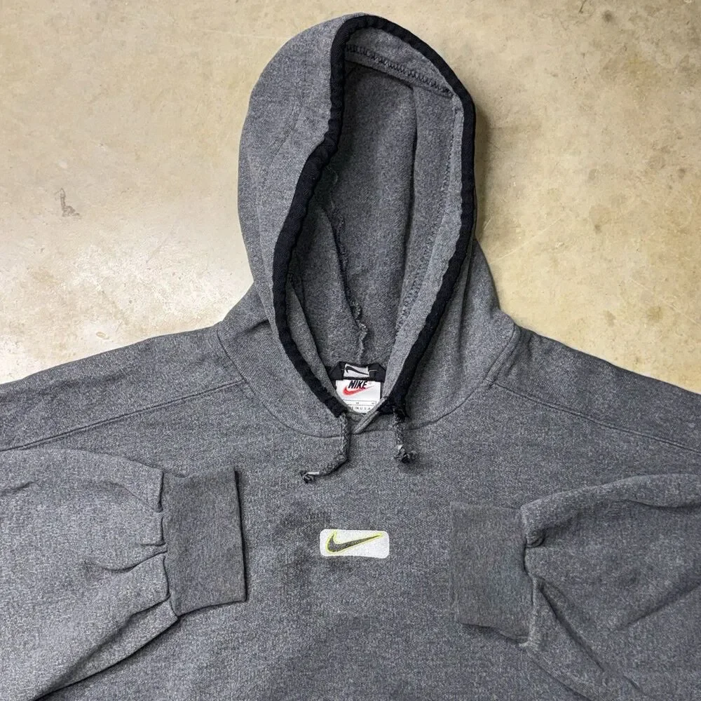 ⁠Nike Center Swoosh Hoodie Sweatshirt Grey Charcoal Mens Medium Vintage 1990s